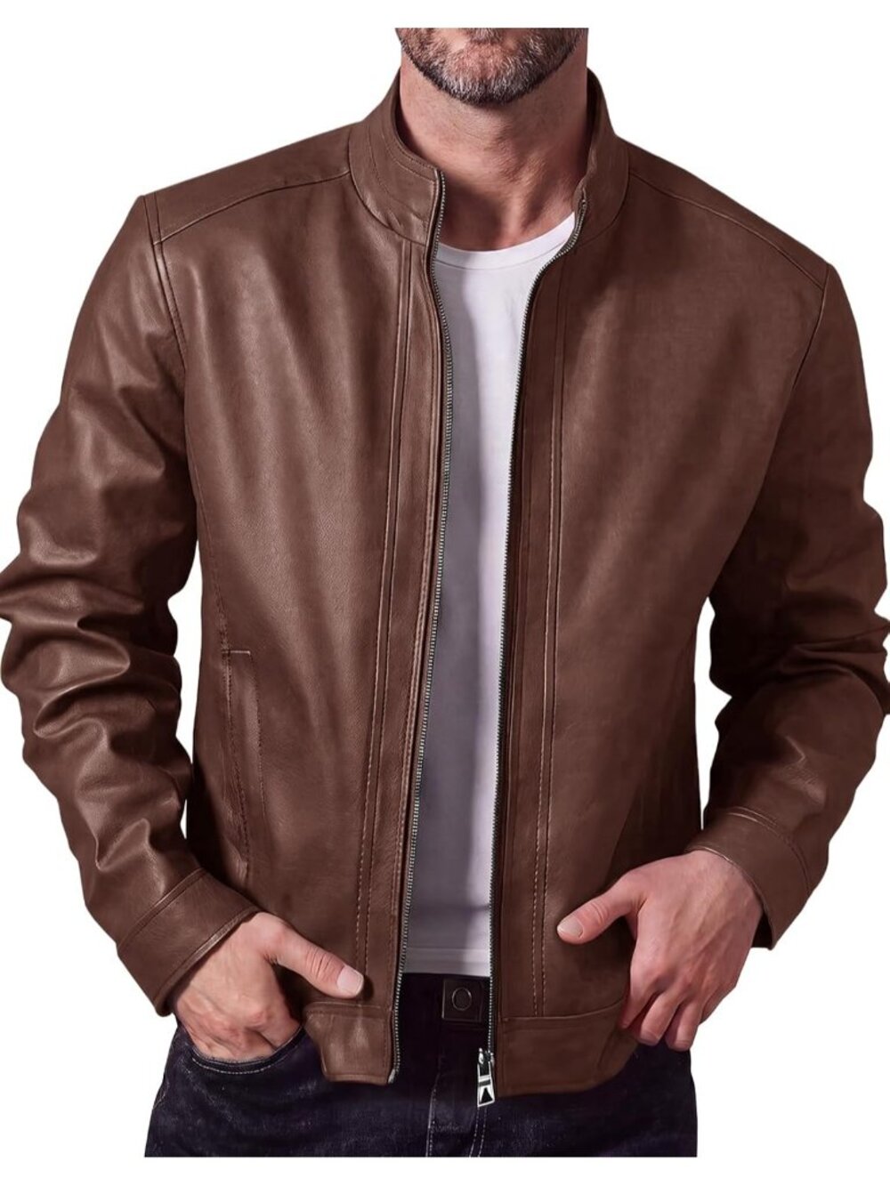 Men Brown Stand Collar Leather Jacket Motorcycle Faux Leather Outwear Full Zip